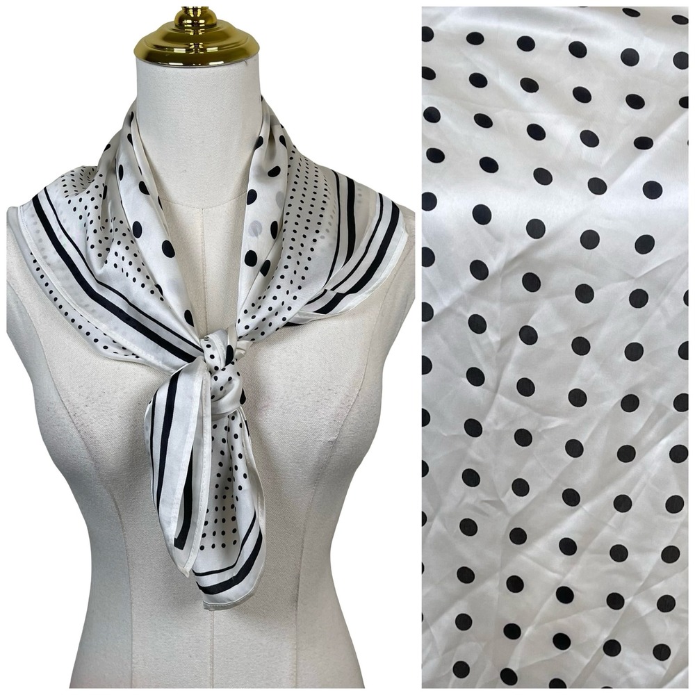 A‎ New Day Polka Dot Scarf Women White Black Striped Satin Recycled Polyester